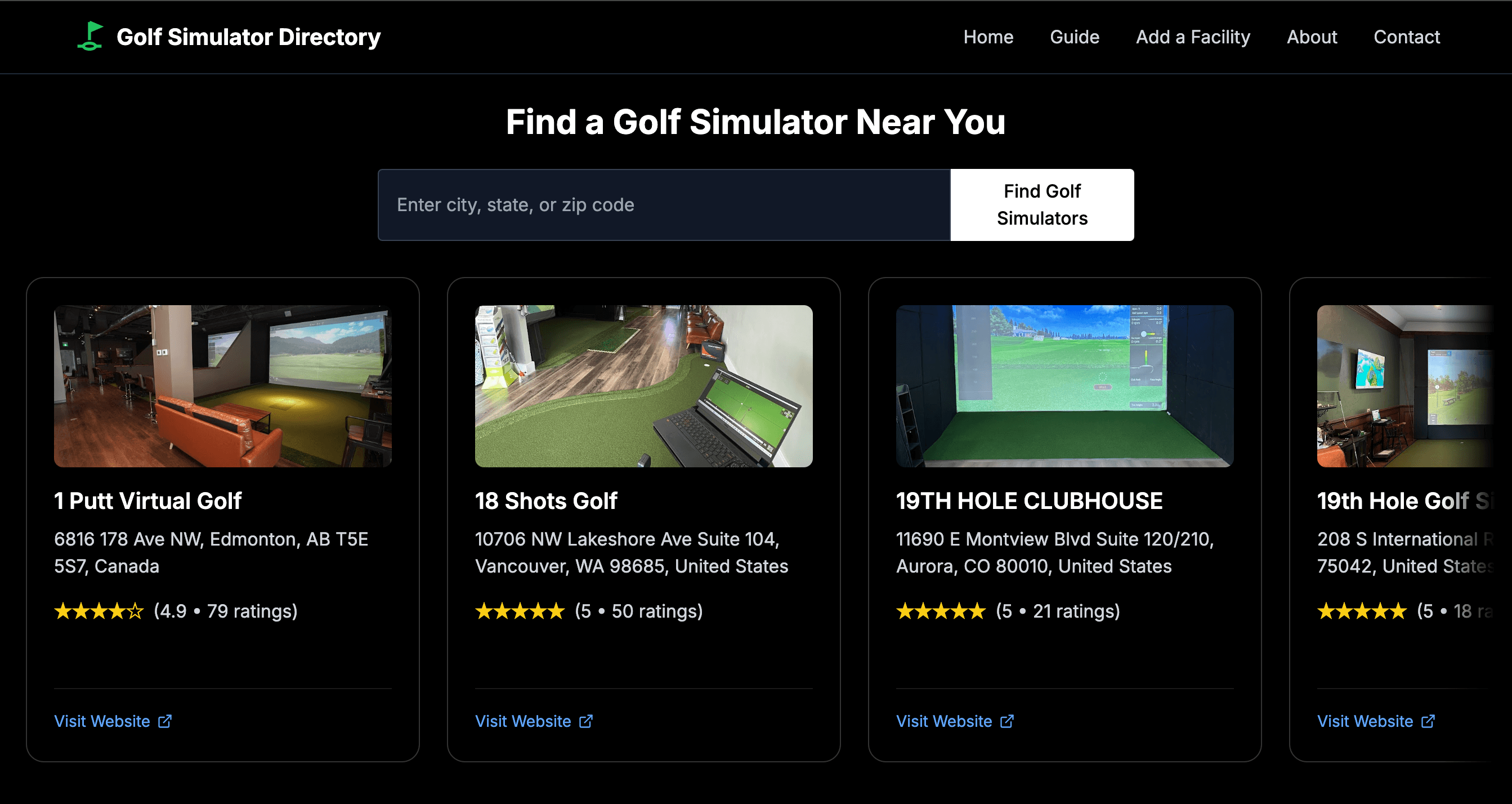 Golf Simulator Directory website